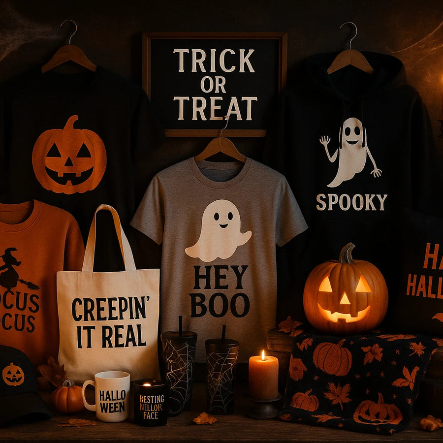 Halloween Collection: Spooky clothing, trick or treat shirts, costumes, haunted house apparel, creepy tees, gothic attire, Halloween pajamas, family shirts, glow-in-the-dark tops, and more. Perfect for Halloween parties, horror fans, and festive fun.