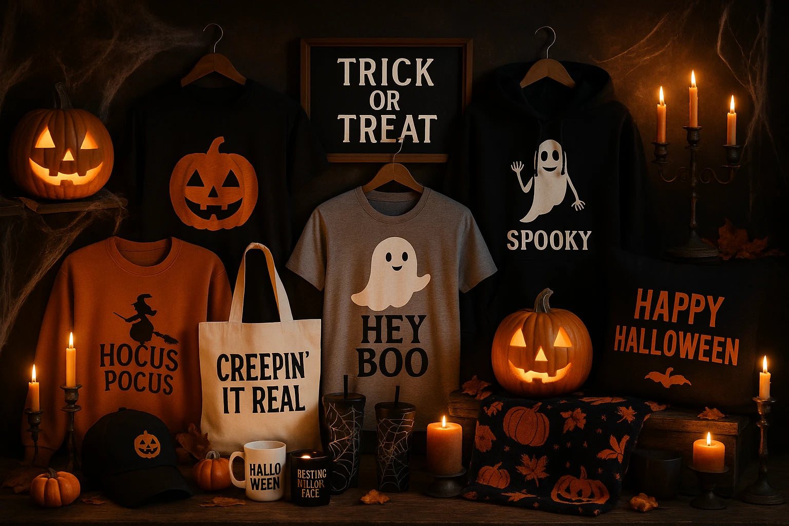 Halloween Collection: Spooky clothing, trick or treat shirts, costumes, haunted house apparel, creepy tees, gothic attire, Halloween pajamas, family shirts, glow-in-the-dark tops, and more. Perfect for Halloween parties, horror fans, and festive fun.