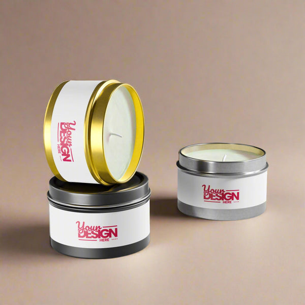 Two candle tins with 'Your Design Here' text on a white background