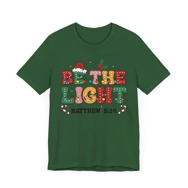 Be the Light Christmas T-Shirt - Colorful Holiday Design with Santa Hat and Lights - Festive Cheerful Apparel