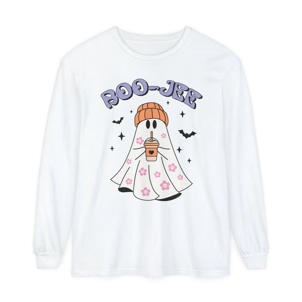 Boo-Jee Ghost Halloween Long Sleeve T-Shirt - Trendy Coffee Lover Ghost Graphic Tee