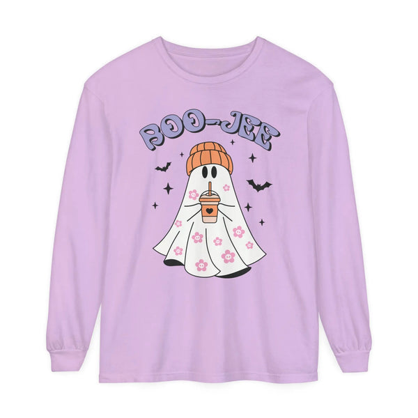 Boo-Jee Ghost Halloween Long Sleeve T-Shirt - Trendy Coffee Lover Ghost Graphic Tee