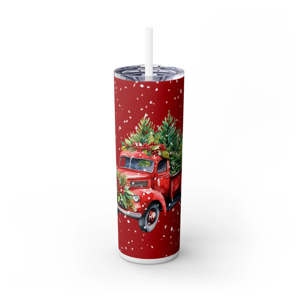 Christmas Tumblers - Vintage Red Pickup Truck with Christmas Tree and Snowflakes for Holiday Cheer