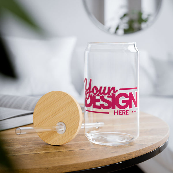 Clear glass can with straw and wooden lid on a table, with 'Your Design Here' text.