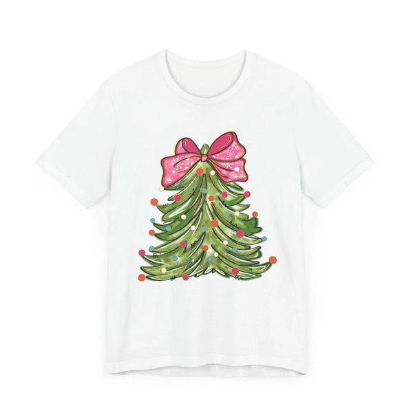 Colorful Christmas Tree with Pink Bow - Festive Holiday Decor Featuring Bright Ornaments and Lights