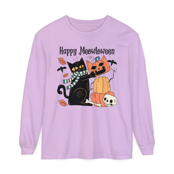 Cute Black Cat Halloween Long Sleeve T-Shirt - Pumpkin Stack & Scarf Cozy Cat Graphic Tee