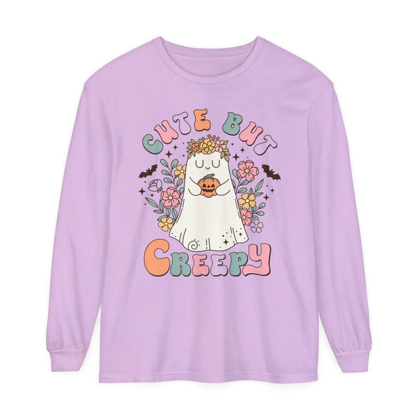Cute But Creepy Halloween Long Sleeve T-Shirt - Floral Ghost with Pumpkin Graphic Tee