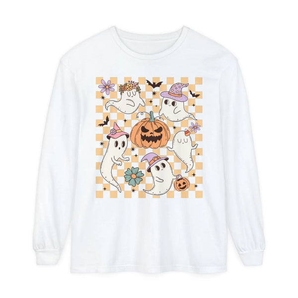 Cute Ghosts and Pumpkins Halloween Long Sleeve T-Shirt - Checkered Vintage Graphic Tee