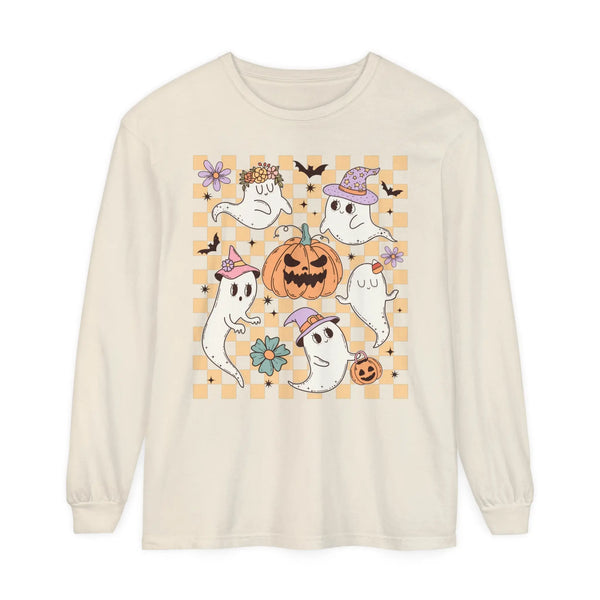 Cute Ghosts and Pumpkins Halloween Long Sleeve T-Shirt - Checkered Vintage Graphic Tee