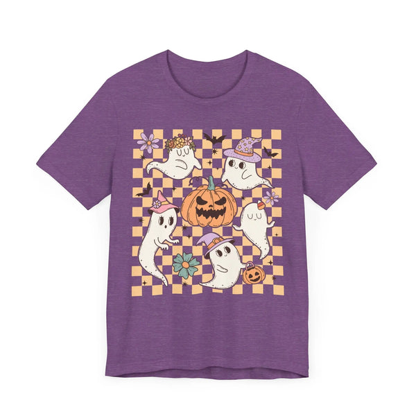 Cute Ghosts and Pumpkins Halloween Shirt - Checkered Vintage Graphic Tee