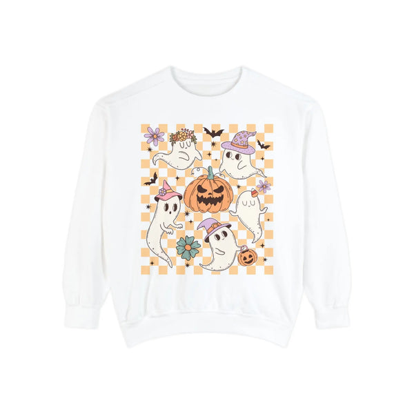 Cute Ghosts and Pumpkins Halloween Sweatshirt - Checkered Vintage Graphic Sweater