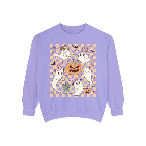 Cute Ghosts and Pumpkins Halloween Sweatshirt - Checkered Vintage Graphic Sweater