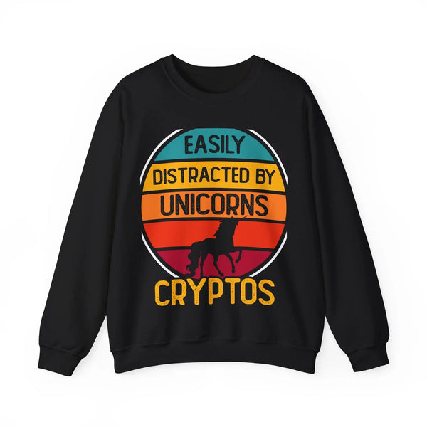 Easily Distracted by Unicorns Cryptos Crypto Crewneck Sweatshirt – Cryptocurrency Shirt for Enthusiasts, Traders, and Meme Lovers
