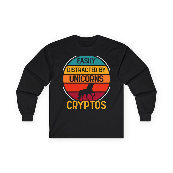 Easily Distracted by Unicorns Cryptos Crypto Long Sleeve – Cryptocurrency Shirt for Enthusiasts, Traders, and Meme Lovers