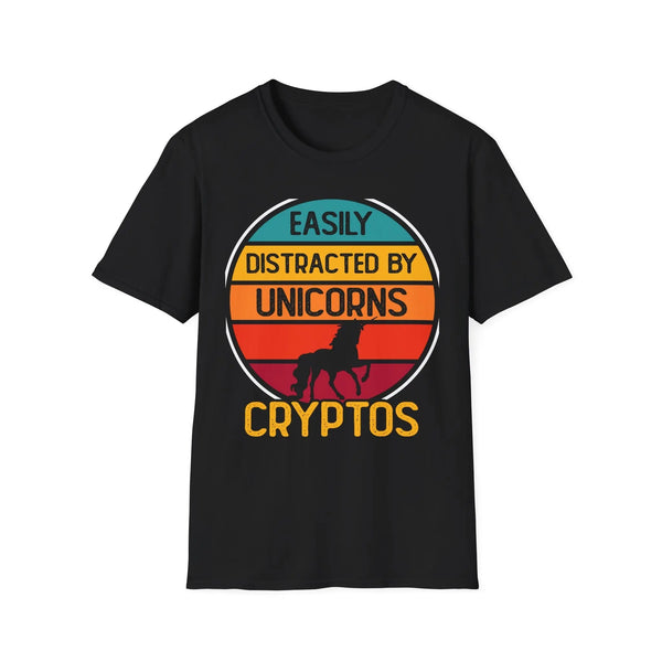 Easily Distracted by Unicorns Cryptos Crypto T-Shirt – Cryptocurrency Shirt for Enthusiasts, Traders, and Meme Lovers
