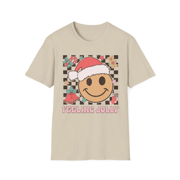 Feeling Jolly Christmas T-Shirt – Smiling Face, Santa Hat & Holiday Cheer