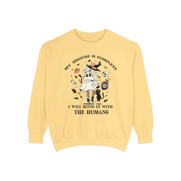 Floating Ghost Cat Halloween Sweatshirt - Magical Spooky Vibes Graphic Sweater