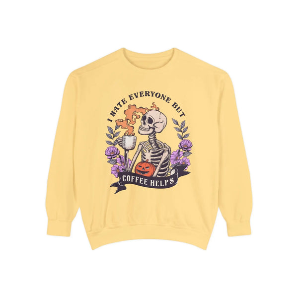 Funny Halloween Skeleton Sweatshirt - 'I Hate Everyone But Coffee Helps' Spooky Coffee Lover Sweater