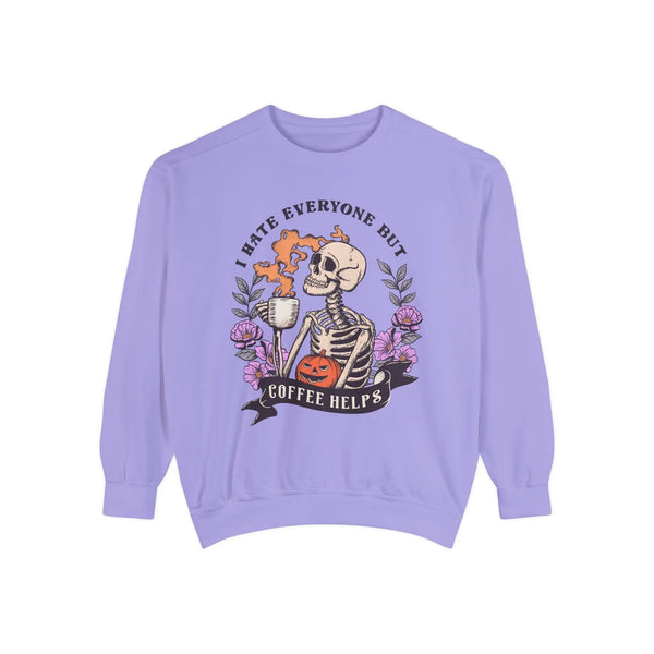 Funny Halloween Skeleton Sweatshirt - 'I Hate Everyone But Coffee Helps' Spooky Coffee Lover Sweater