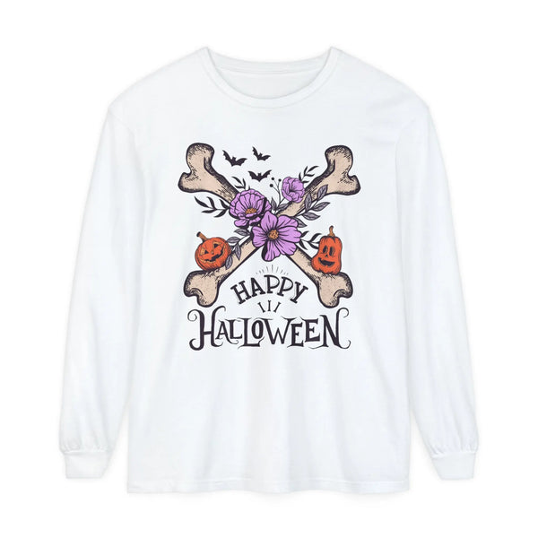 Happy Halloween - Crossbones Floral Pumpkin Halloween Long Sleeve T-Shirt