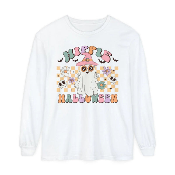 Hippie Halloween Long Sleeve T-Shirt - Retro Ghost Witch Peace Sign Graphic Tee