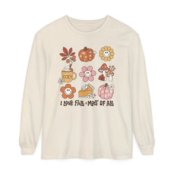 I Love Fall Most of All Long Sleeve T-Shirt - Cozy Autumn Graphic Tee - Retro Fall Icons Shirt - Cute Fall Season Top -