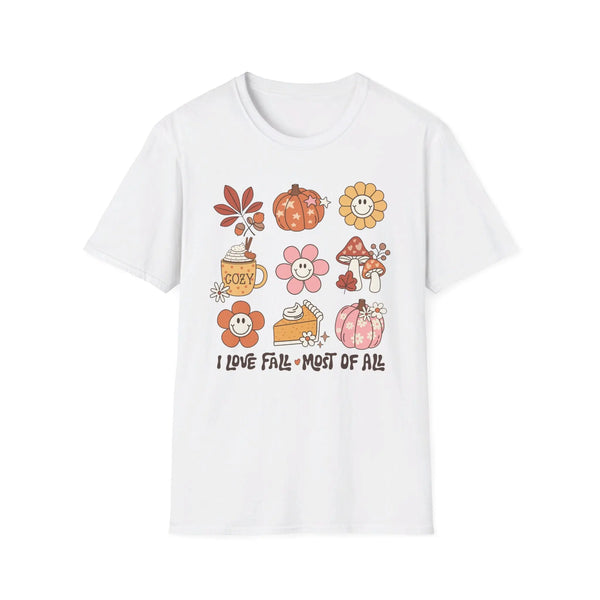 I Love Fall Most of All T-Shirt - Cozy Autumn Graphic Tee - Retro Fall Icons Shirt - Cute Fall Season Top - Vintage
