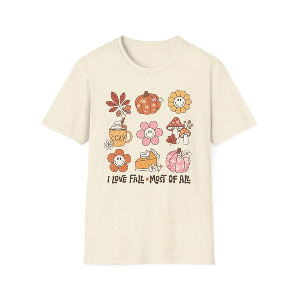 I Love Fall Most of All T-Shirt - Cozy Autumn Graphic Tee - Retro Fall Icons Shirt - Cute Fall Season Top - Vintage