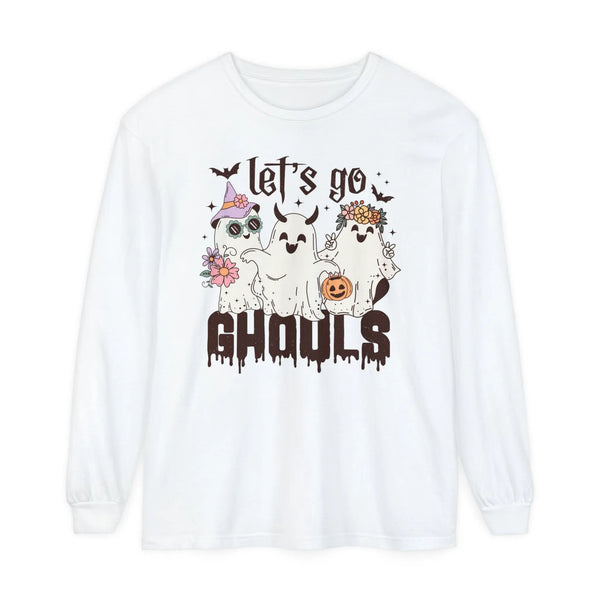 Let's Go Ghouls Halloween Long Sleeve T-Shirt - Retro Ghost Friends Graphic Tee