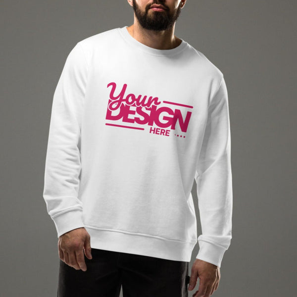 Man wearing a white sweatshirt with 'Your Design Here' text, black shorts, and white sneakers in a studio setting.