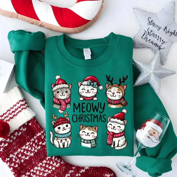 Meowy Christmas Sweatshirt - Cute Cat Holiday Crewneck, Festive Christmas Cat Sweater for Cat Lovers