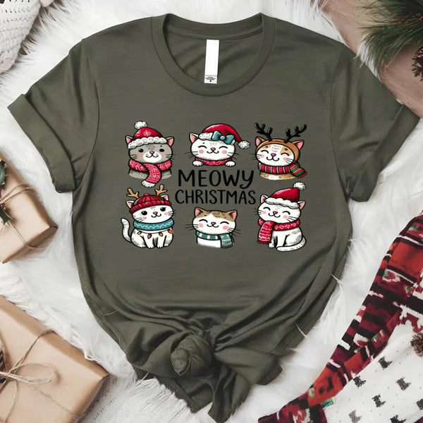 Meowy Christmas T-Shirt - Cute Cat Christmas Graphic Tee, Holiday Shirt for Cat Lovers