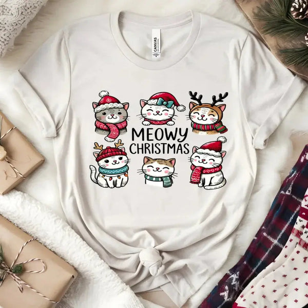 Meowy Christmas T-Shirt - Cute Cat Christmas Graphic Tee, Holiday Shirt for Cat Lovers