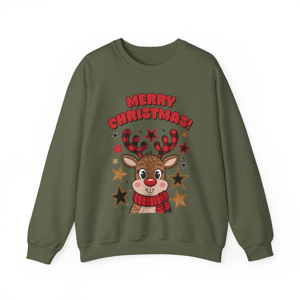 Merry Christmas Reindeer Sweatshirt – Cute Holiday Sweater with Festive Stars – Christmas Graphic Tee for Women – Cozy