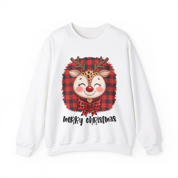 Merry Christmas Reindeer Sweatshirt – Cute Holiday Sweatshirt with Plaid Bow – Funny Christmas Sweater for Women –