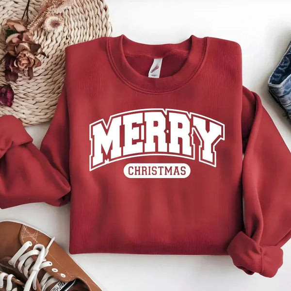 Merry Christmas Sweatshirt - Cozy Red Holiday Crewneck, Festive Unisex Christmas Sweater Gift