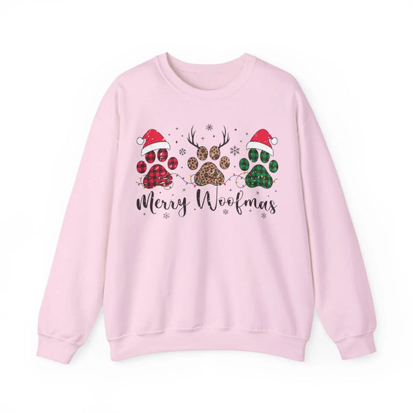 Merry Woofmas Christmas Sweatshirt – Funny Dog Paw Print Holiday Tee with Santa Hats, Reindeer Antlers & Christmas