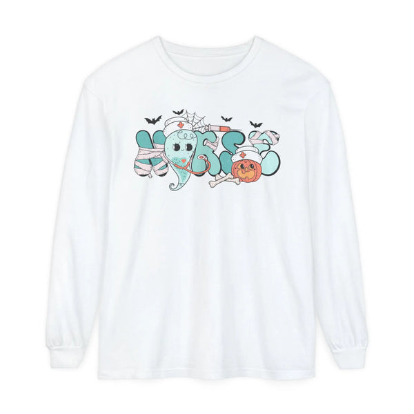Nurse Halloween Long Sleeve T-Shirt - Cute Ghost and Pumpkin with Medical Theme