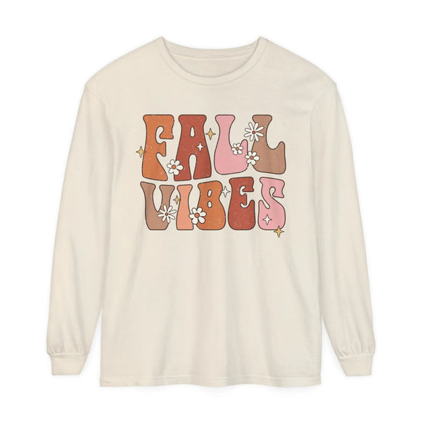 Retro Fall Vibes Long Sleeve T-Shirt - Groovy Autumn Season Graphic Long Sleeve Tee with Floral Accents
