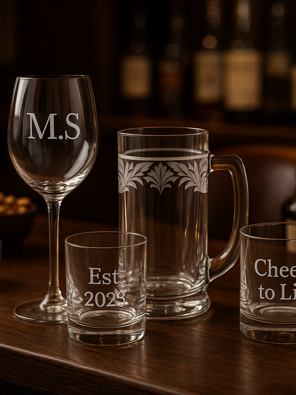 Set of personalized glassware on a bar counter with bottles in the background