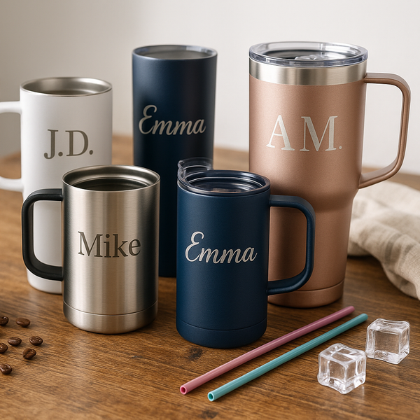 Set of personalized tumblers on a wooden surface with coffee beans and straws.