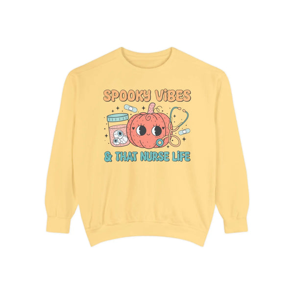 Spooky Vibes & That Nurse Life - Halloween Nurse T-Sweatshirt with Pumpkin and Medical Graphics
