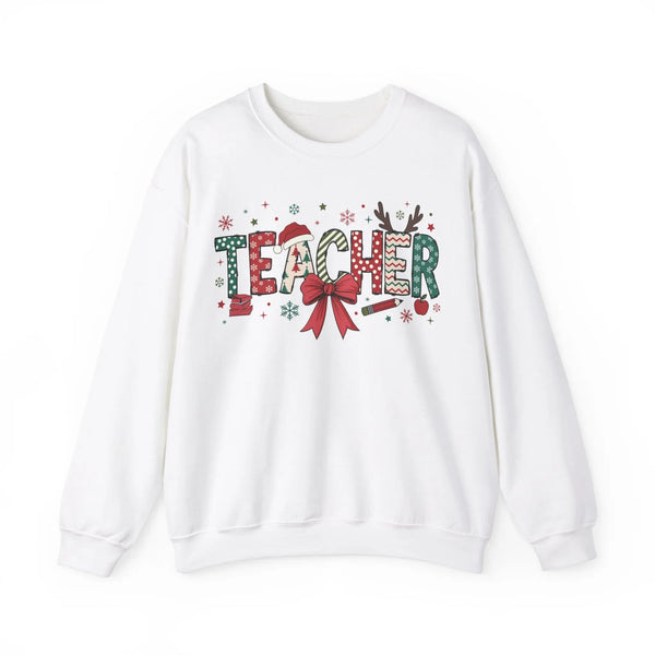 Teacher Christmas T-Shirt – Festive Holiday Graphic Tee with Santa Hat, Bow, and Snowflakes