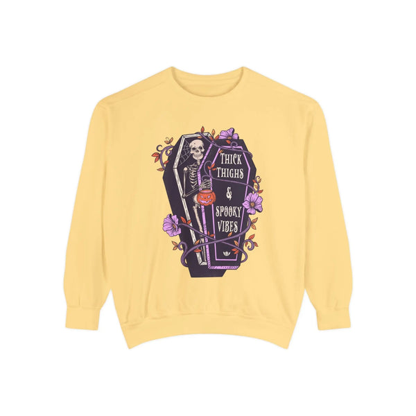 Thick Thighs & Spooky Vibes - Coffin Skeleton Halloween Sweatshirt