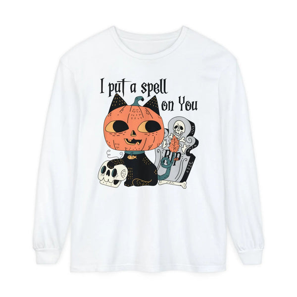 Vintage Pumpkin Cat Halloween Long Sleeve T-Shirt - Spooky Graveyard Kitty Graphic Tee