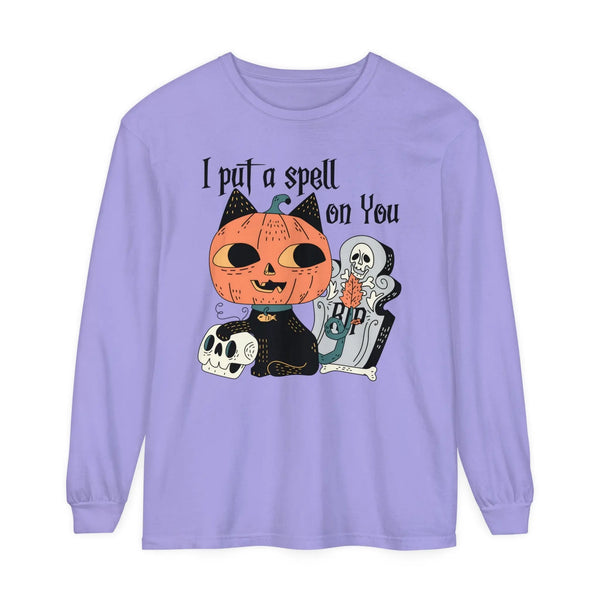 Vintage Pumpkin Cat Halloween Long Sleeve T-Shirt - Spooky Graveyard Kitty Graphic Tee