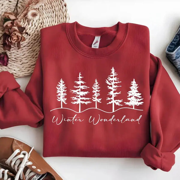 Winter Wonderland Sweatshirt - Festive Red Christmas Crewneck with Snowy Trees, Cozy Holiday Sweater