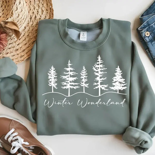 Winter Wonderland Sweatshirt - Festive Red Christmas Crewneck with Snowy Trees, Cozy Holiday Sweater