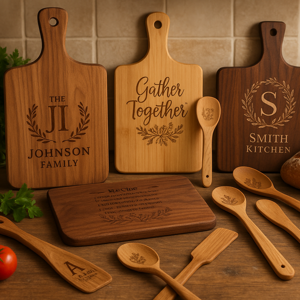 Wooden cutting boards and utensils with engraved text on a kitchen counter.