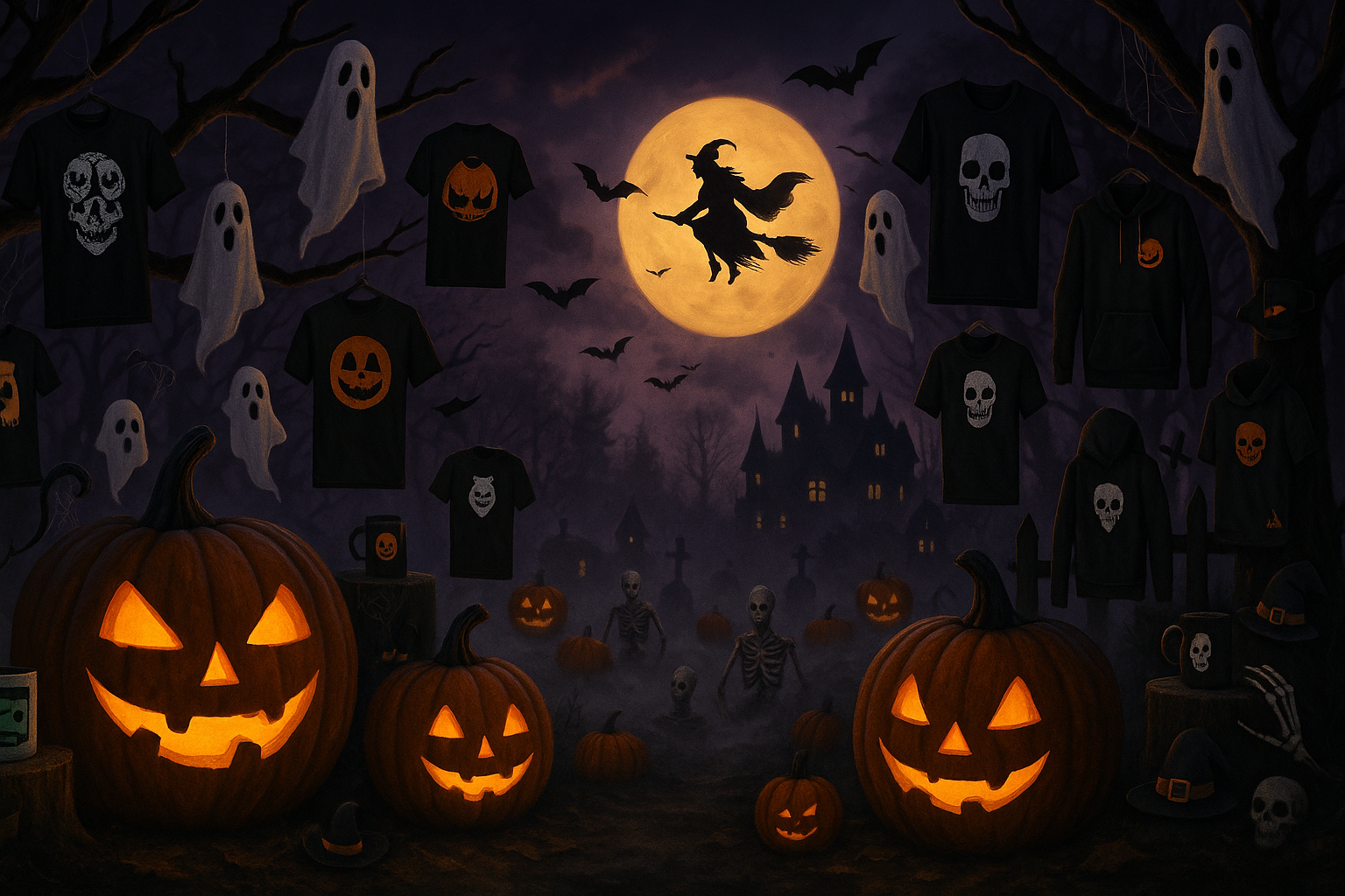 Halloween-themed background with pumpkins, ghosts, and a witch on a broomstick against a dark sky.